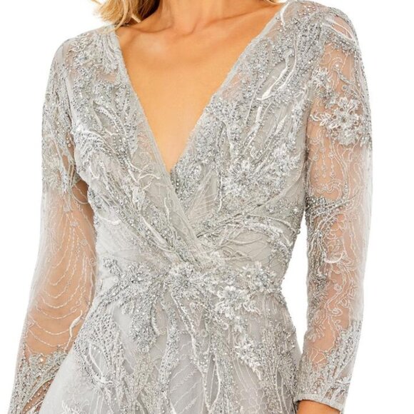Mac Duggal 20336 Size 8 Silver Embellished Wrap V-Neck 3/4 Sleeve Midi‎ Dress - Picture 3 of 8